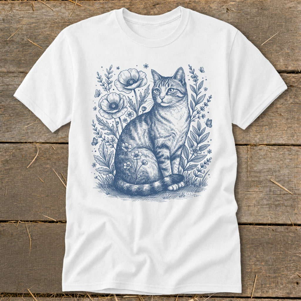 White t-shirt with a blue line drawing of a tabby cat surrounded by poppies and foliage.