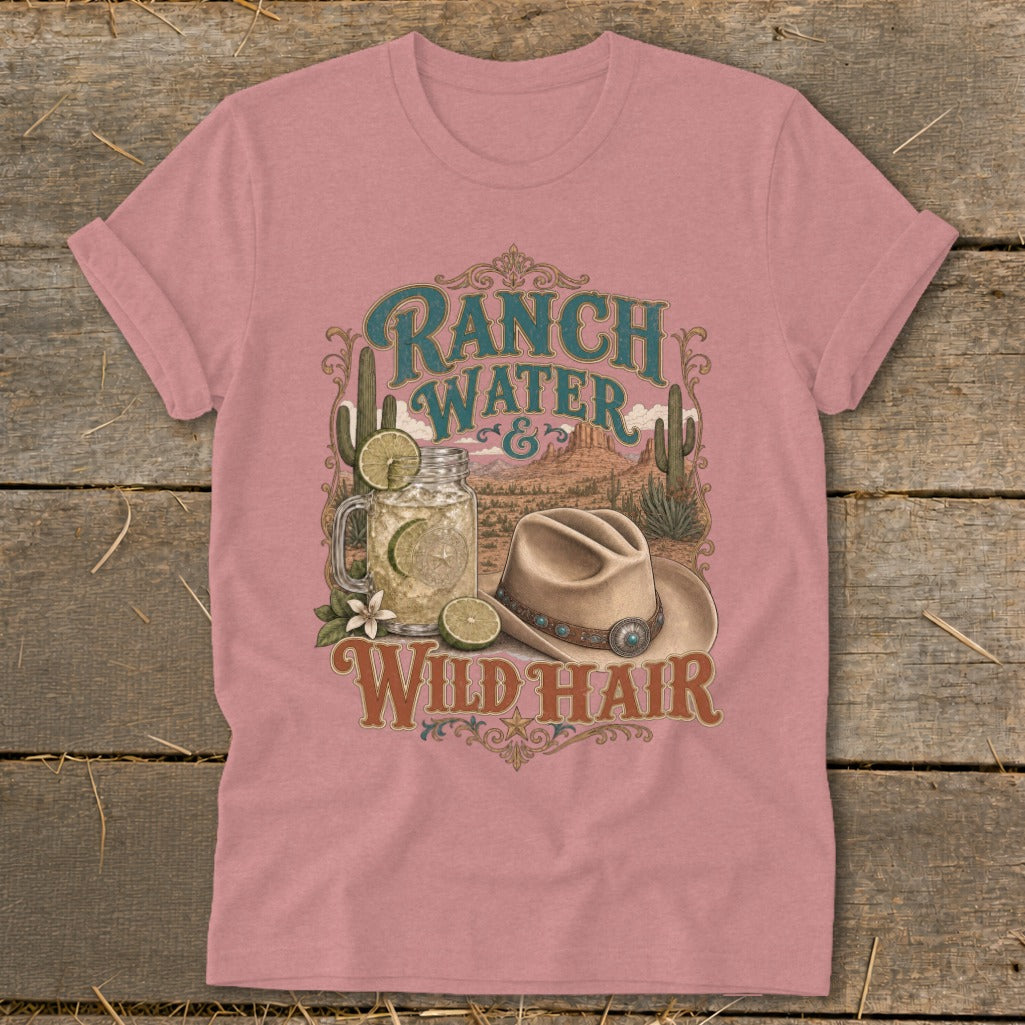 Ranch Water & Wild Hair graphic with a cowboy hat and drink on a pink t-shirt.