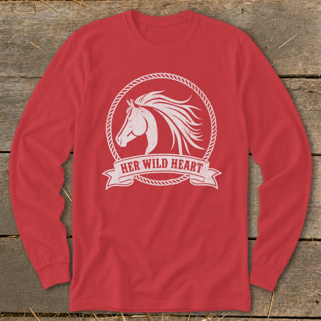 Red long-sleeve shirt with white horse graphic and text "HER WILD HEART"