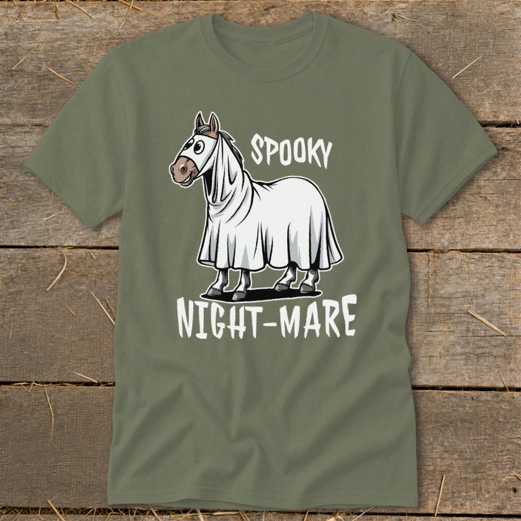 Horse in a ghost costume with "Spooky Night-Mare" text