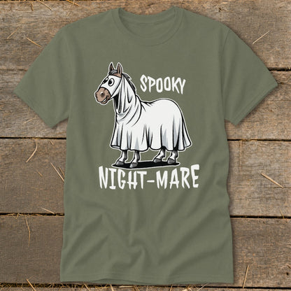 Horse in a ghost costume with "Spooky Night-Mare" text
