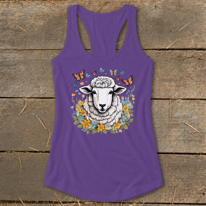 Purple tank top with a sheep, flowers, and butterflies graphic print.