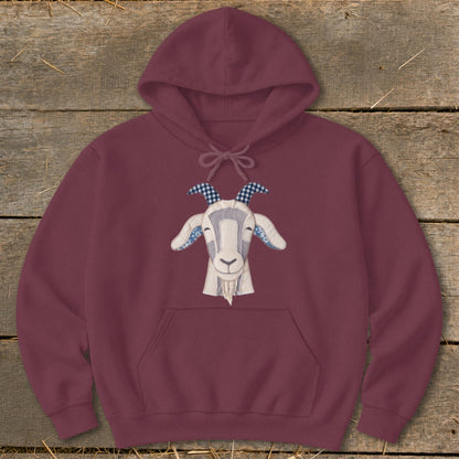Maroon hoodie with a cheerful stitched goat face design.