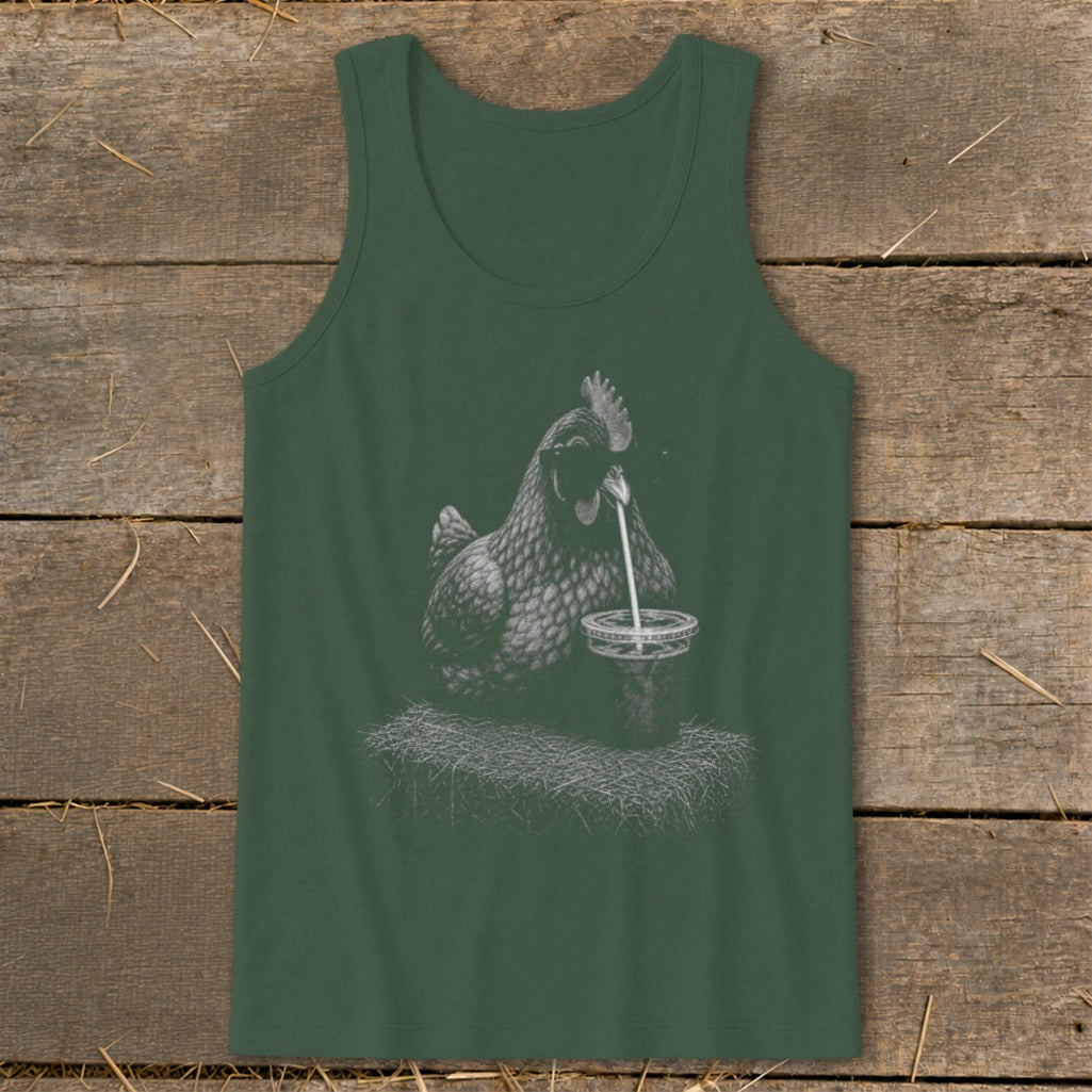 Green tank top with a white line drawing of a chicken drinking from a cup.