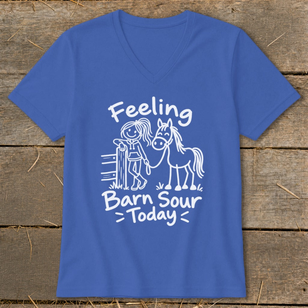 Blue t-shirt with white graphic of a girl and horse with text "Feeling Barn Sour Today".