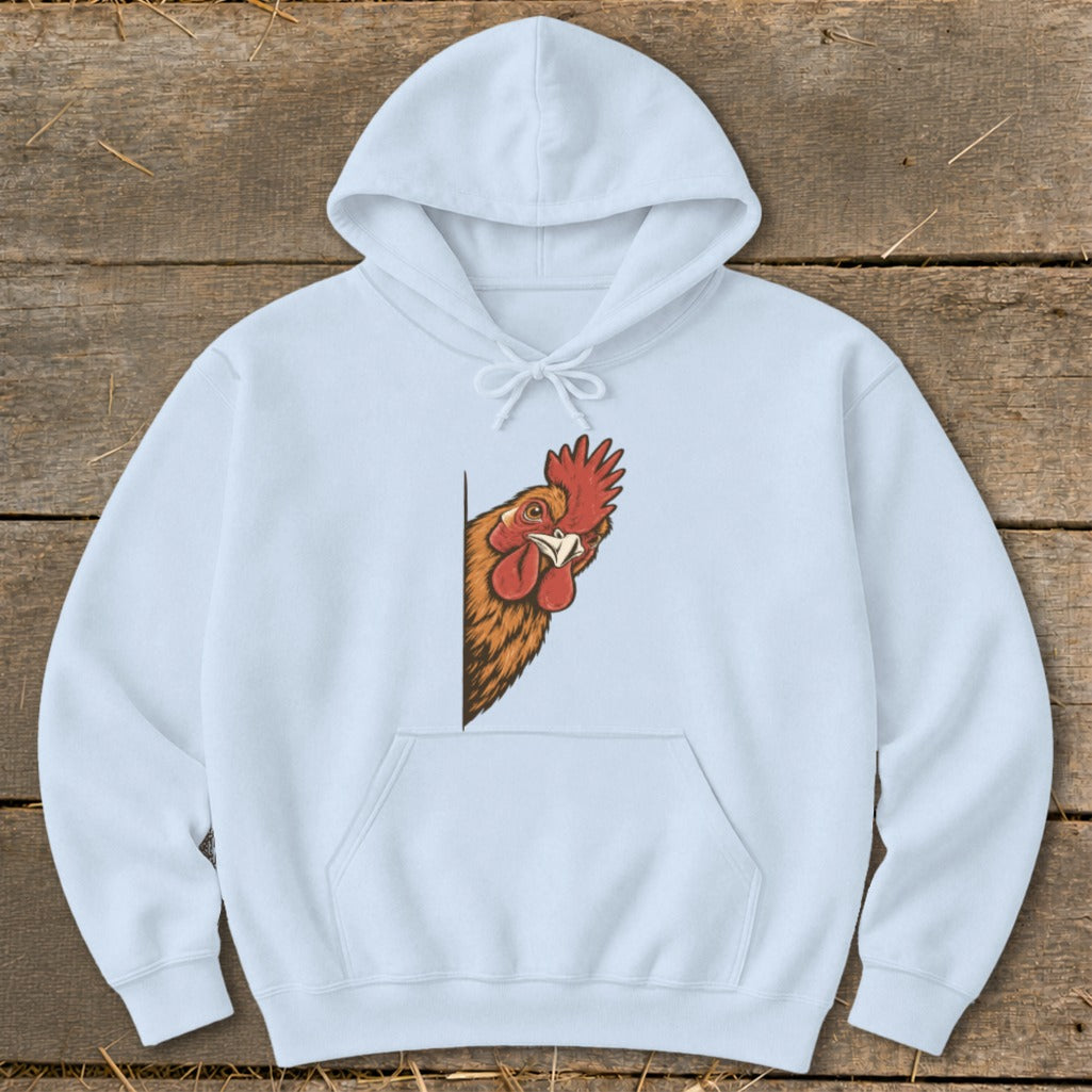 Light blue hoodie with a peeking chicken illustration on the left chest.