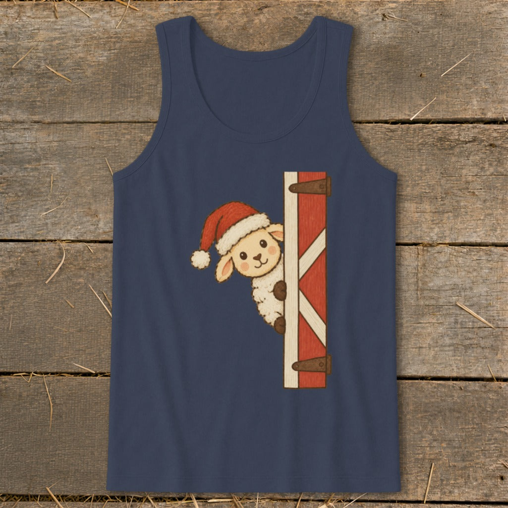 Naval tank top with a cartoon sheep wearing a Santa hat peeking around a barn door.