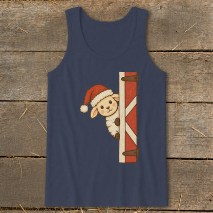 Naval tank top with a cartoon sheep wearing a Santa hat peeking around a barn door.
