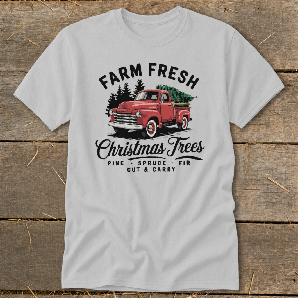 Farm Fresh Christmas Trees with red truck, pine, spruce, fir, cut & carry text.