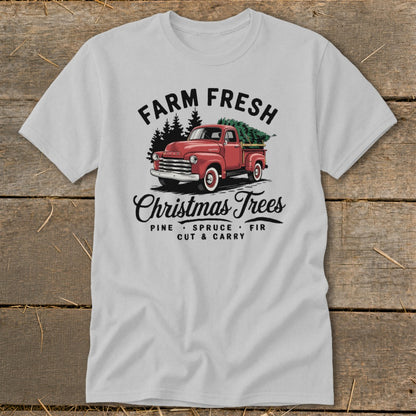 Farm Fresh Christmas Trees with red truck, pine, spruce, fir, cut & carry text.