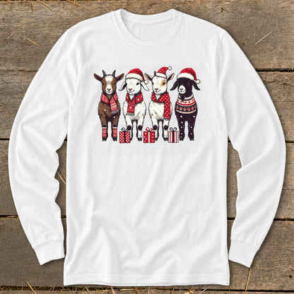Four goats wearing Christmas hats and scarves stand with presents.