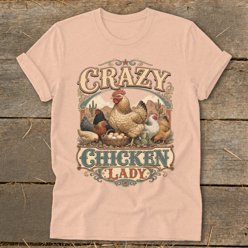 T-shirt graphic with chickens, eggs, and text "Crazy Chicken Lady".