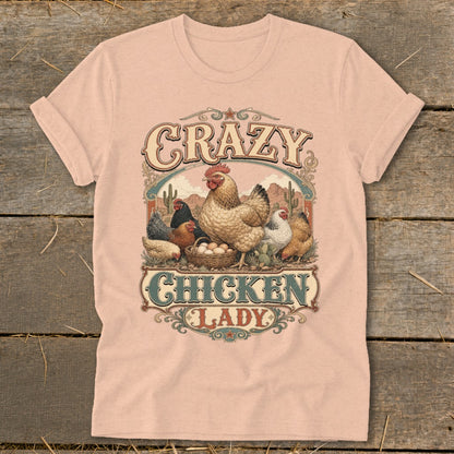 T-shirt graphic with chickens, eggs, and text "Crazy Chicken Lady".