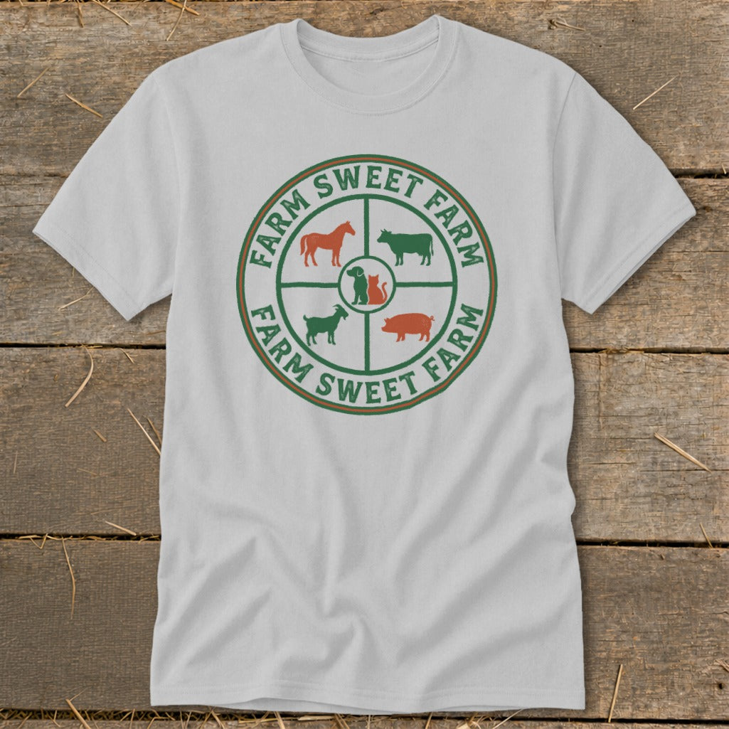 White t-shirt with a circular farm graphic featuring animals and text.