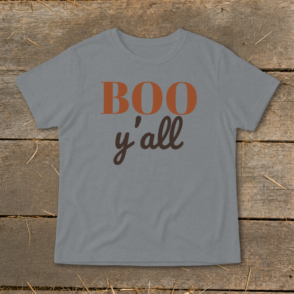 Grey t-shirt with "BOO y'all" text in orange and brown.