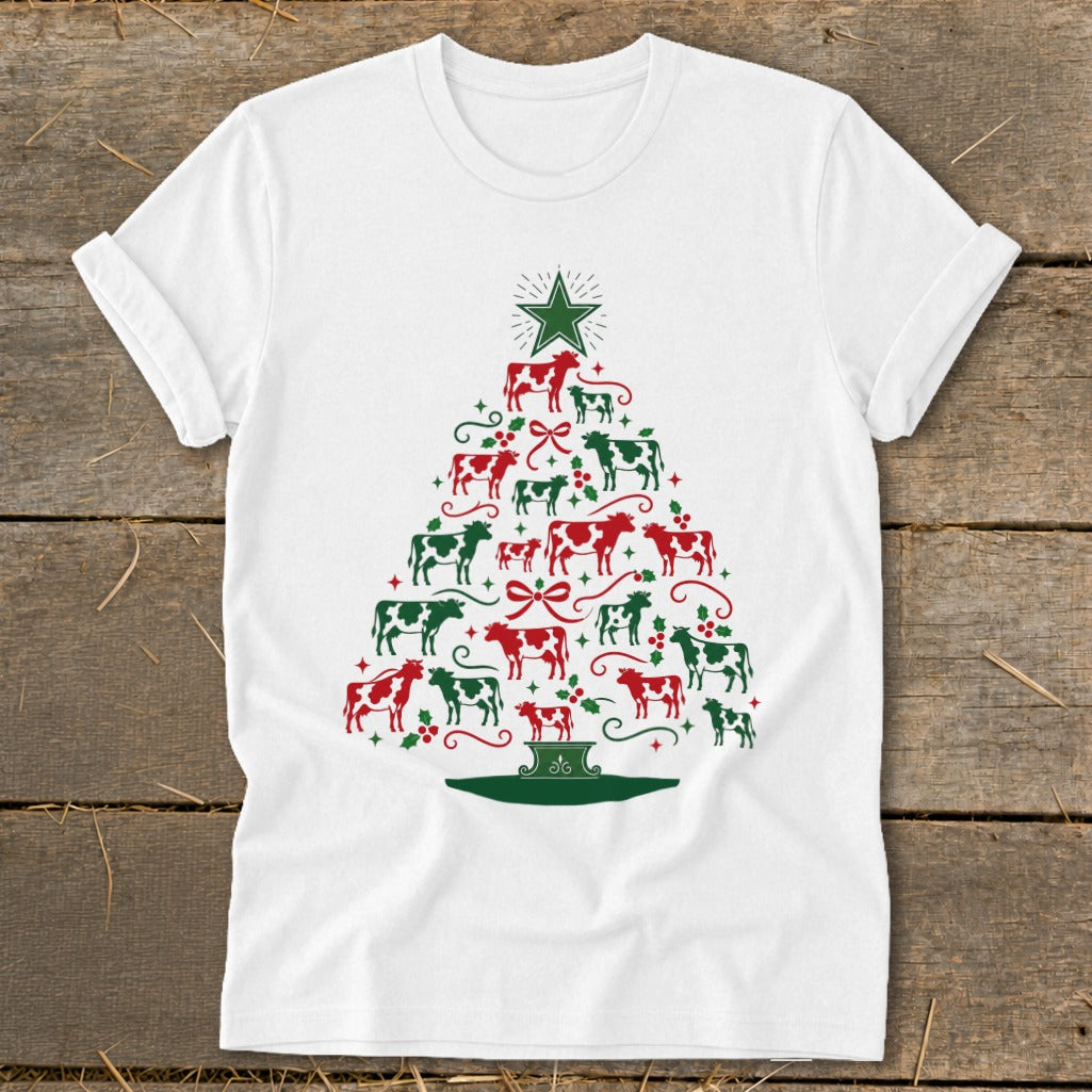 White t-shirt with a Christmas tree made of red and green cows.