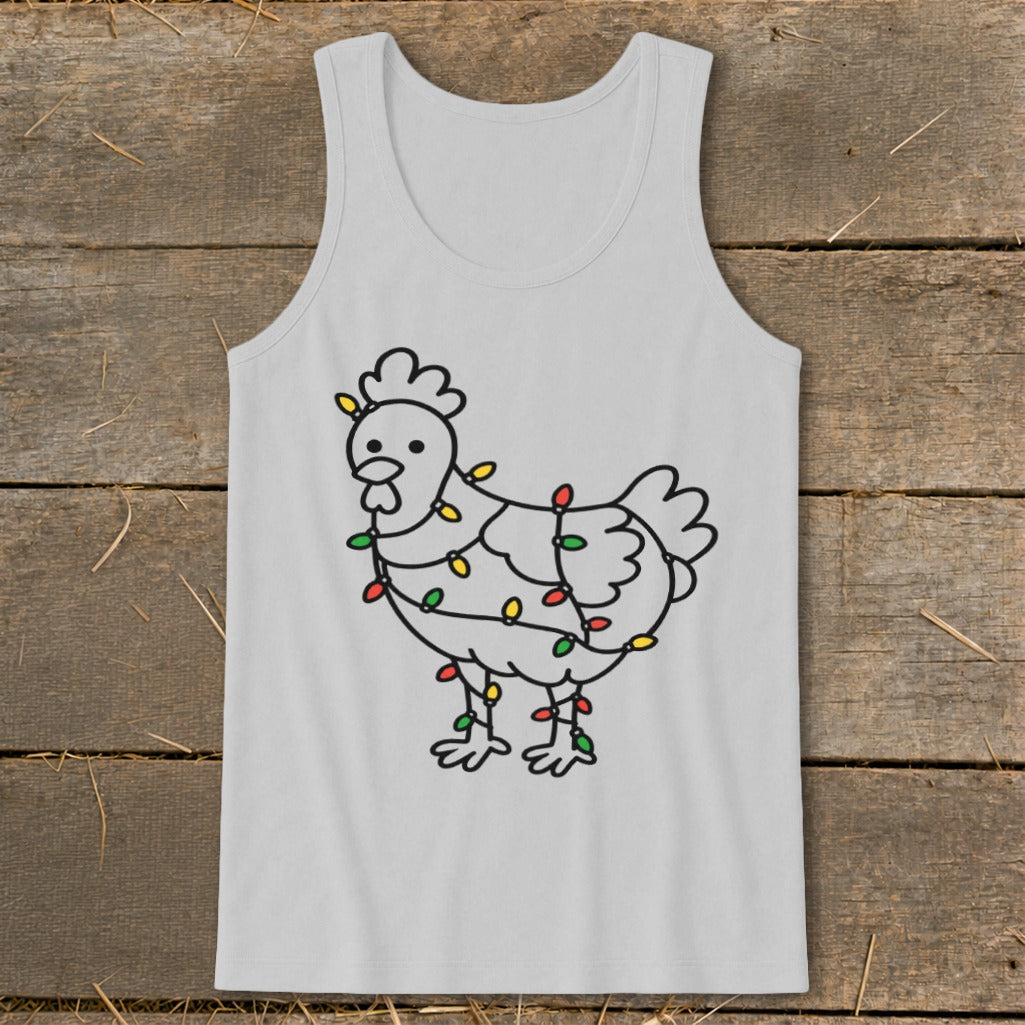 Light gray tank top with a doodle-style chicken wrapped in colorful Christmas lights.