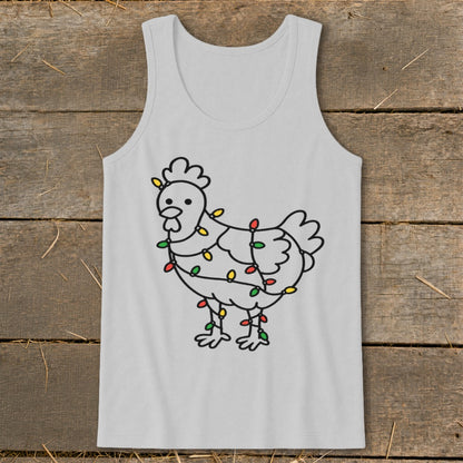Light gray tank top with a doodle-style chicken wrapped in colorful Christmas lights.