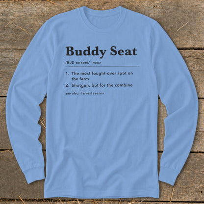 Light blue long-sleeve shirt with "Buddy Seat" definition.