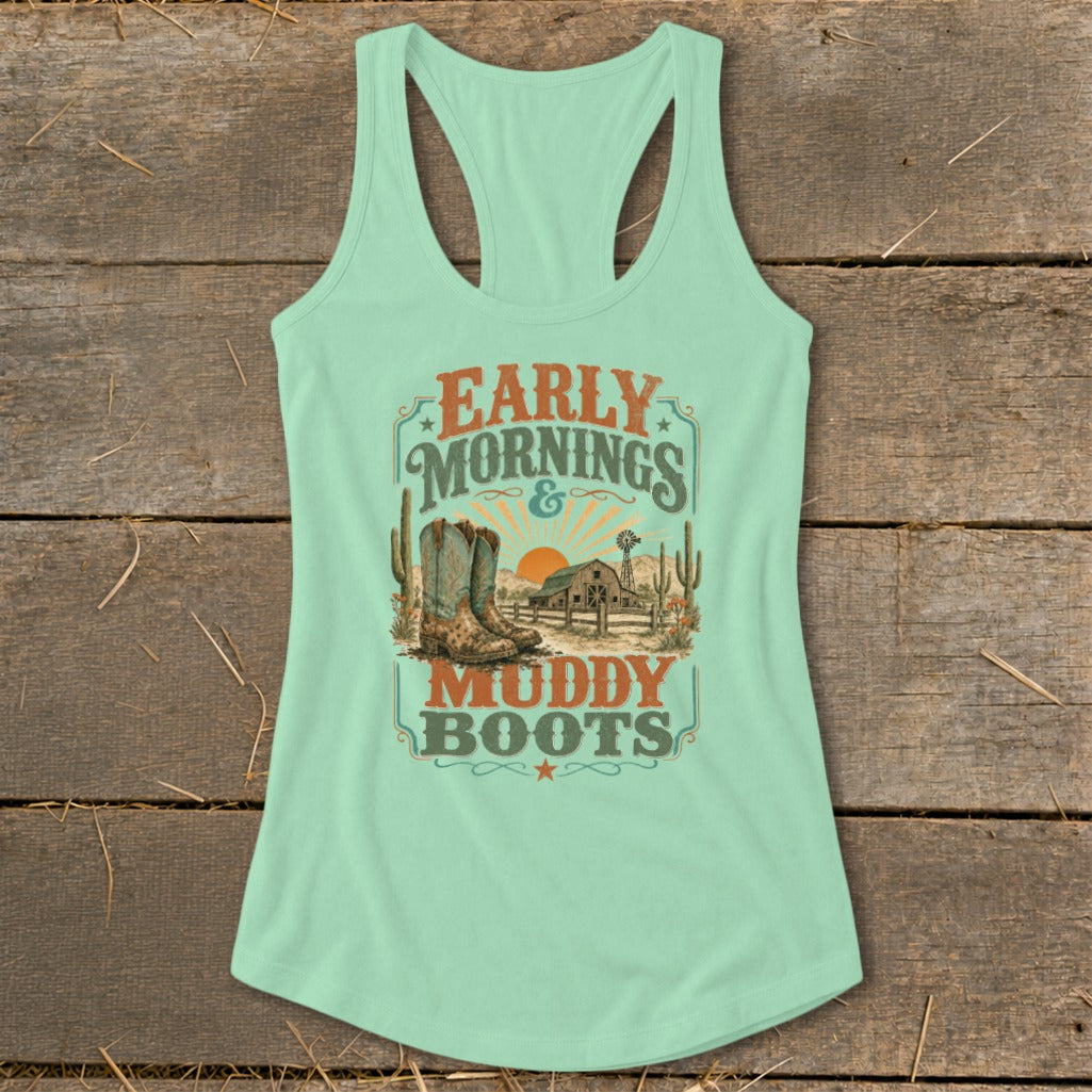 Mint green tank top with "Early Mornings & Muddy Boots" text and western scene graphic.