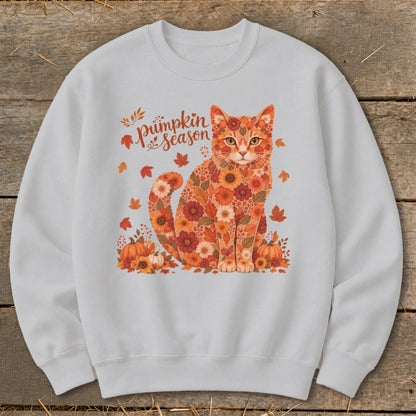 Light gray sweatshirt with a floral cat and "Pumpkin Season" text.