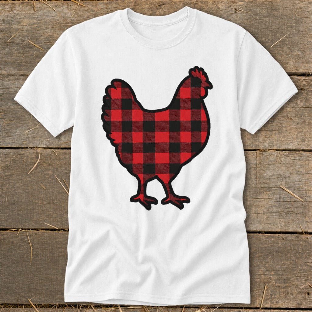 White t-shirt with a red and black buffalo plaid chicken graphic.