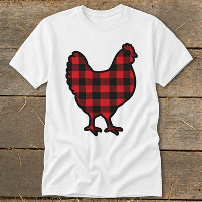 White t-shirt with a red and black buffalo plaid chicken graphic.