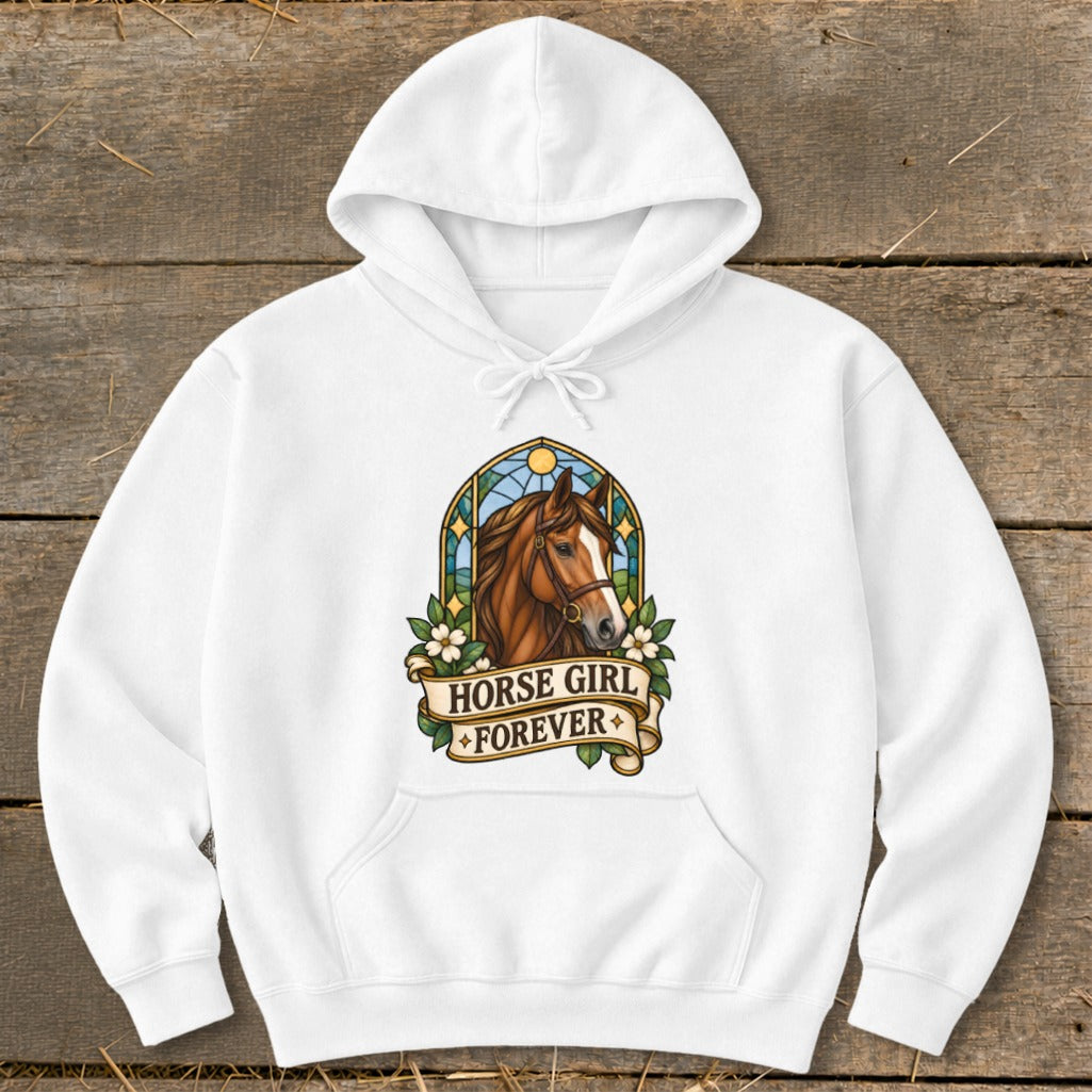 White hoodie with a "Horse Girl Forever" graphic featuring a horse and floral design.