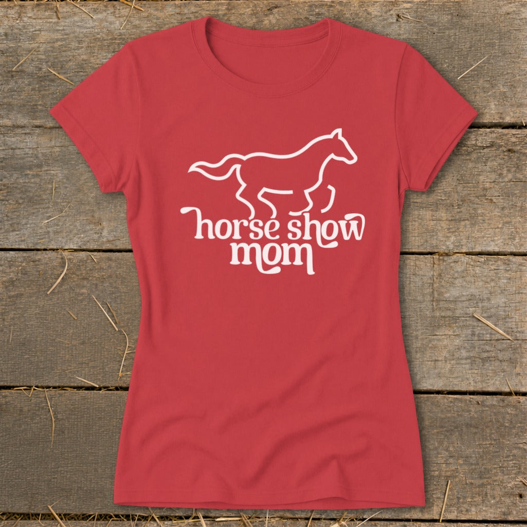 Red t-shirt with white horse graphic and "horse show mom" text.