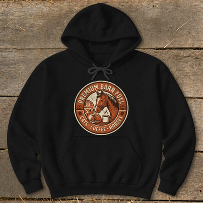 Black hoodie with circular barn fuel graphic featuring horse, cat, coffee cup, and text.