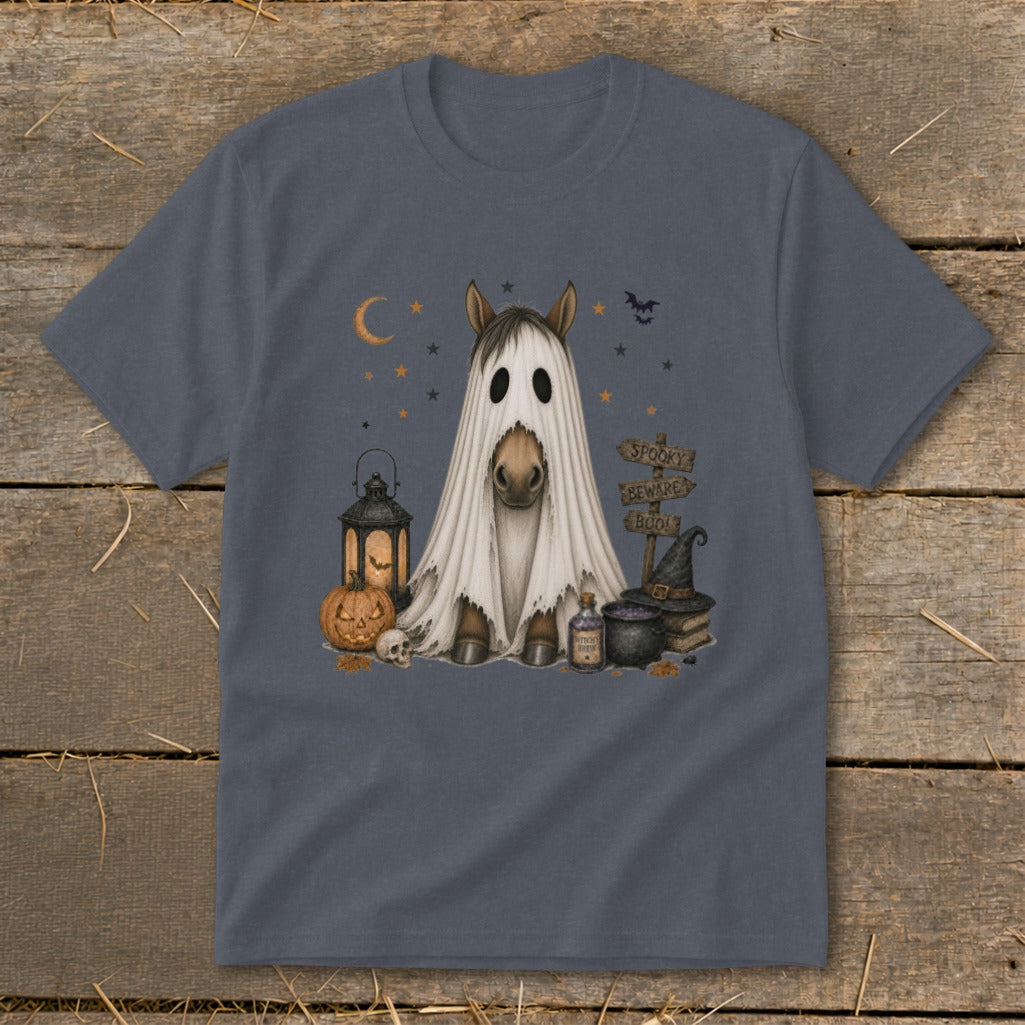 Horse wearing a ghost costume with Halloween decorations and text reading "Spooky Beware Boo!"
