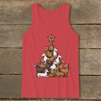 Red tank top with horses wearing Santa hats arranged as a Christmas tree topped with a star.