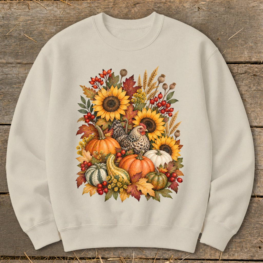 Crewneck sweatshirt with a fall harvest graphic featuring pumpkins, sunflowers, and a chicken.