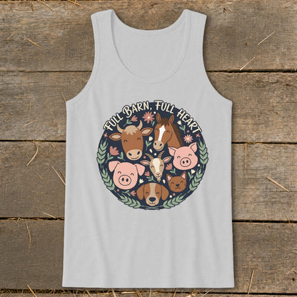 Farm animals surround text that reads "FULL BARN, FULL HEART" in a circle.