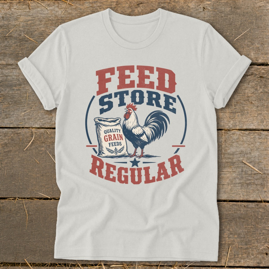 White t-shirt with "Feed Store Regular" text and rooster graphic.