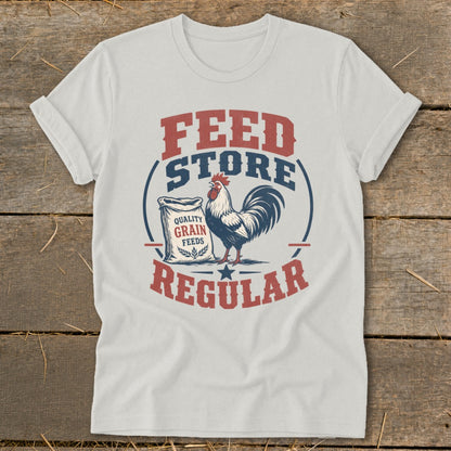 White t-shirt with "Feed Store Regular" text and rooster graphic.