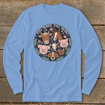 Light blue long-sleeve shirt with a circular farm animal graphic and "Full Barn, Full Heart" text.
