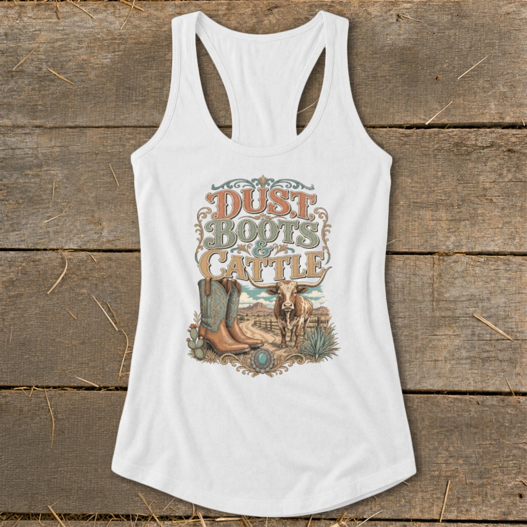 White tank top with "Dust Boots & Cattle" graphic of boots, cow, and desert scene.