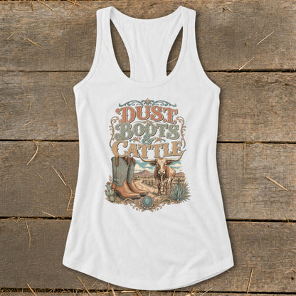 White tank top with "Dust Boots & Cattle" graphic of boots, cow, and desert scene.