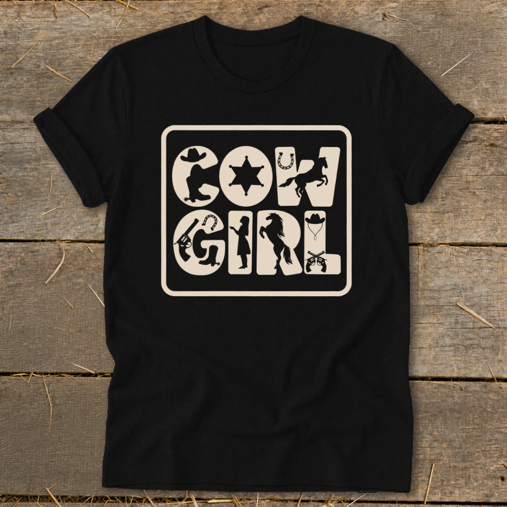 Black t-shirt with cream "Cowgirl" text filled with Western-themed icons.