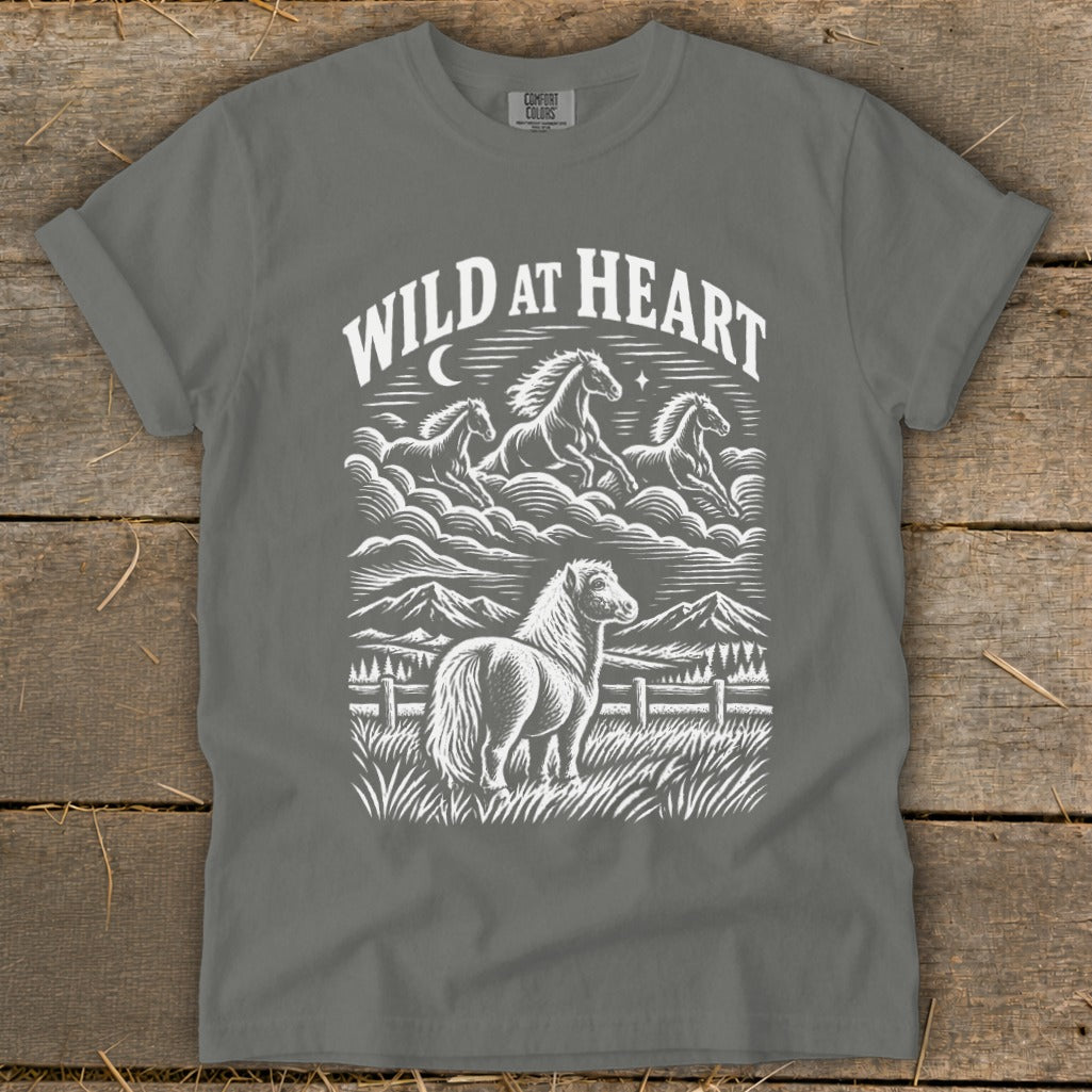 Grey t-shirt with white "WILD AT HEART" text and a horse graphic.