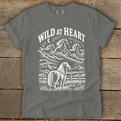Grey t-shirt with white "WILD AT HEART" text and a horse graphic.