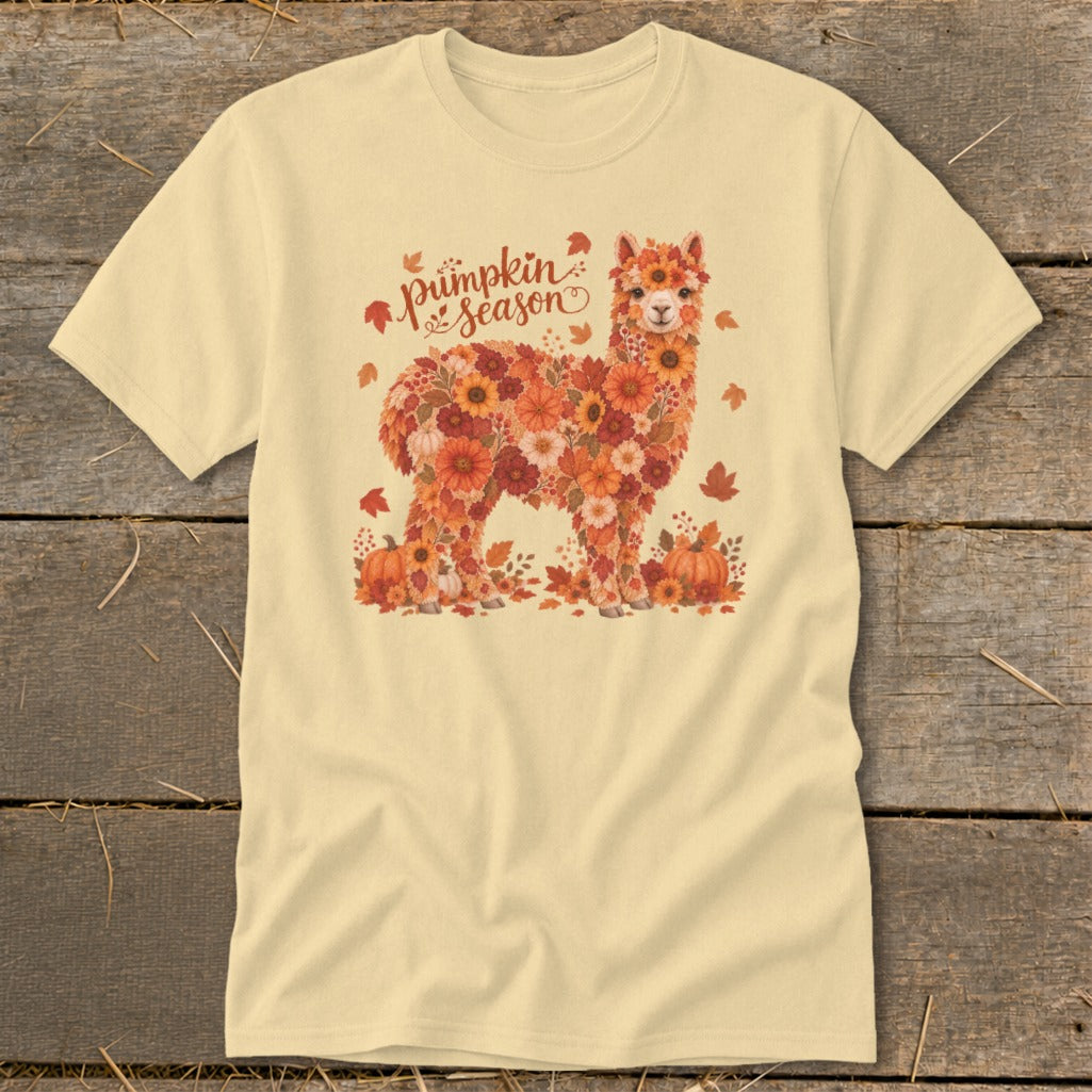 Light yellow t-shirt with floral alpaca graphic and "pumpkin season" text.