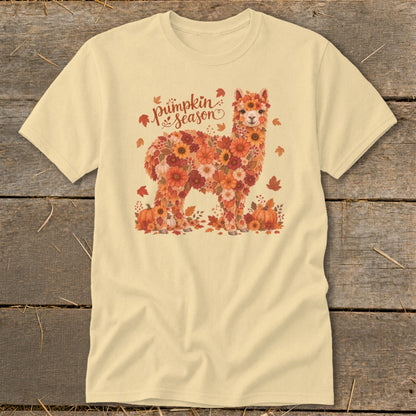 Light yellow t-shirt with floral alpaca graphic and "pumpkin season" text.