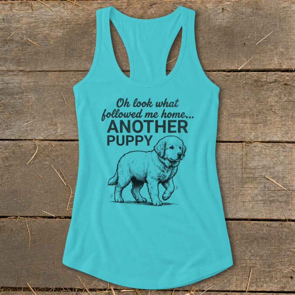 Turquoise tank top with sketch of a golden retriever puppy and text "Another Puppy".