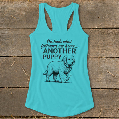 Turquoise tank top with sketch of a golden retriever puppy and text "Another Puppy".