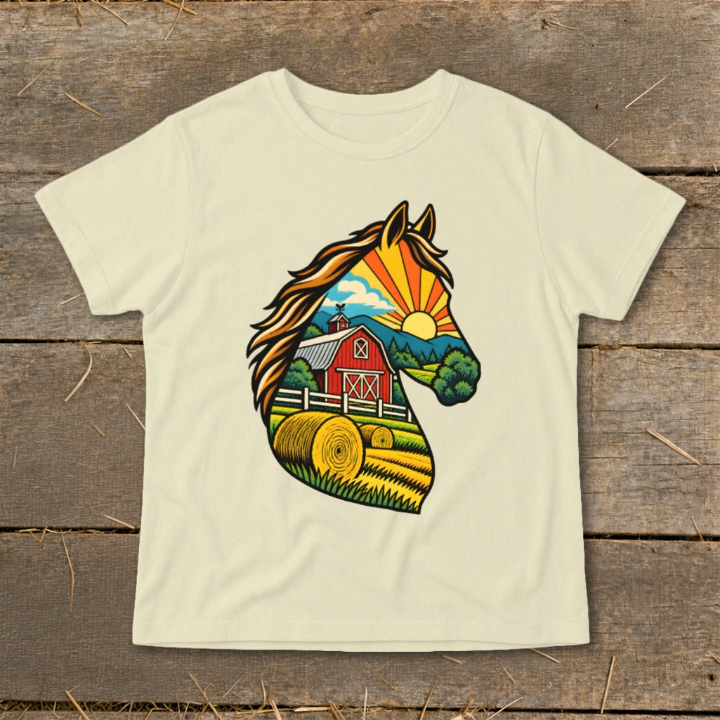 Light-colored t-shirt featuring a horse head silhouette filled with a colorful farm landscape illustration.