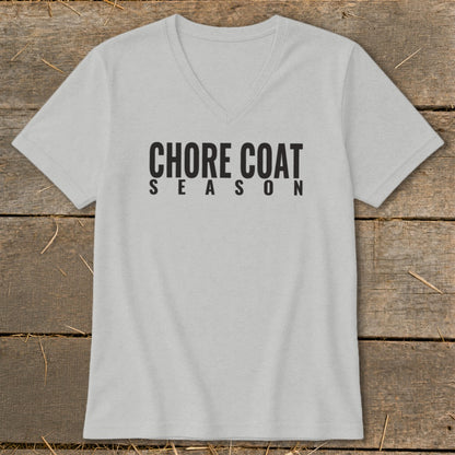 Light grey v-neck t-shirt with black text reading "CHORE COAT SEASON".