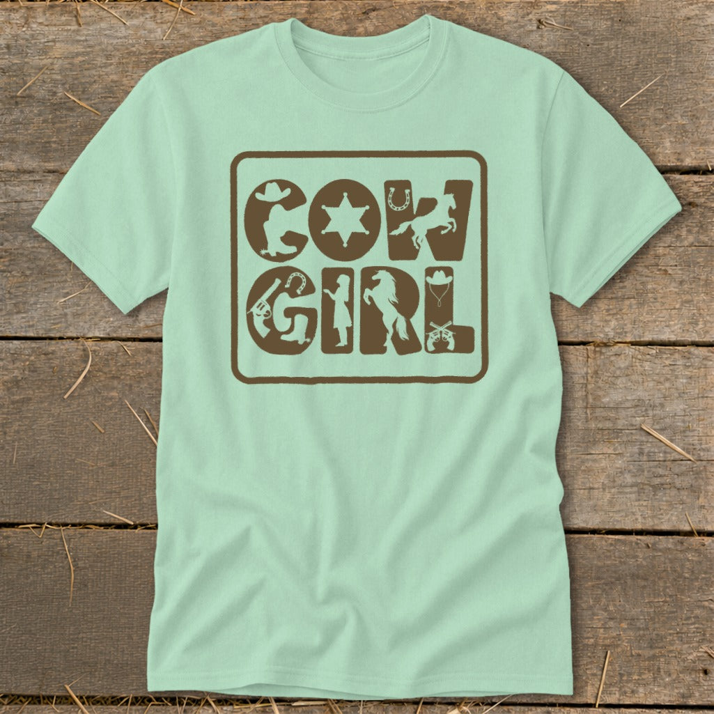 Pale green t-shirt with brown "COW GIRL" text and western icons.
