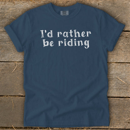 Navy blue t-shirt with white text "I'd rather be riding".